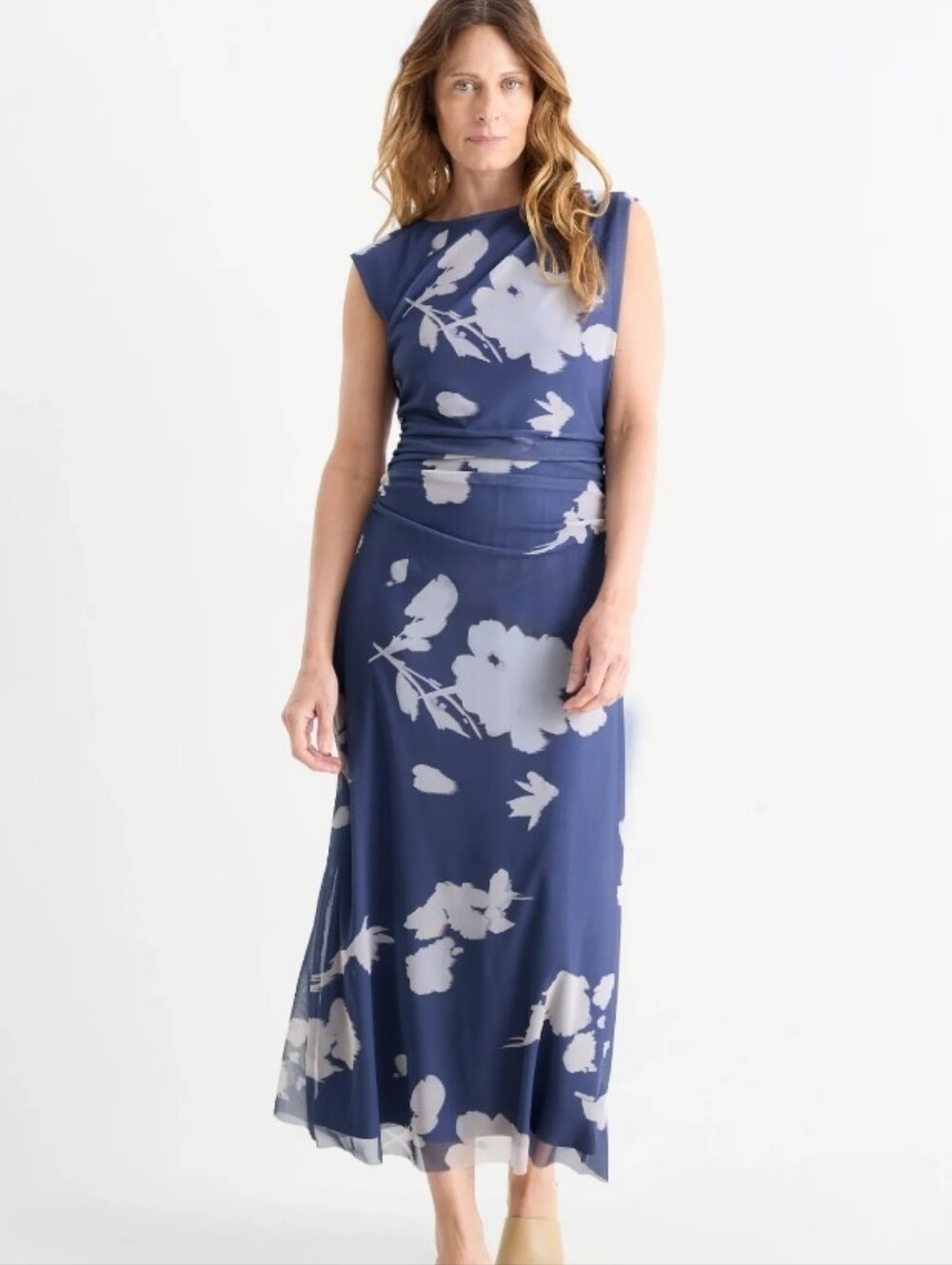C&A Elegant Blue Floral Draped Maxi Dress